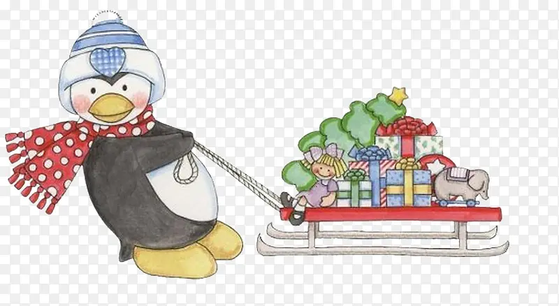 滑雪橇赠送圣诞礼物的小企鹅