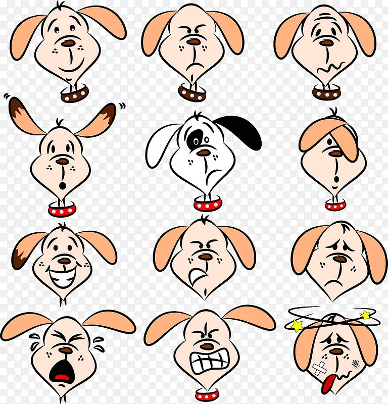 卡通手绘12种长耳朵小狗的表情