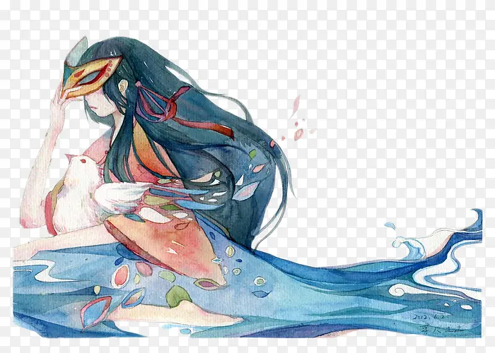彩绘立绘摘掉面具女子