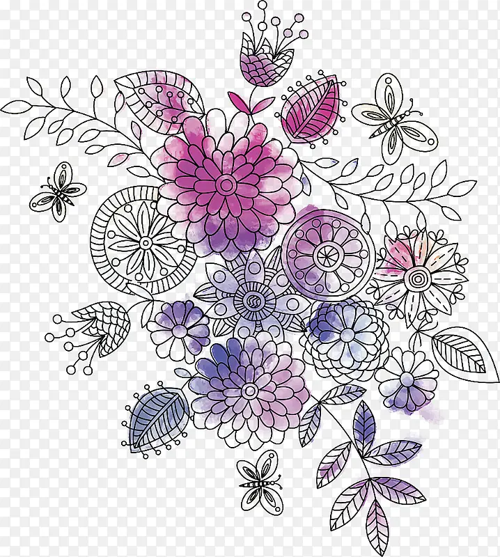 手绘彩色线条花卉