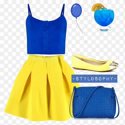 蓝色吊带和黄色半身裙