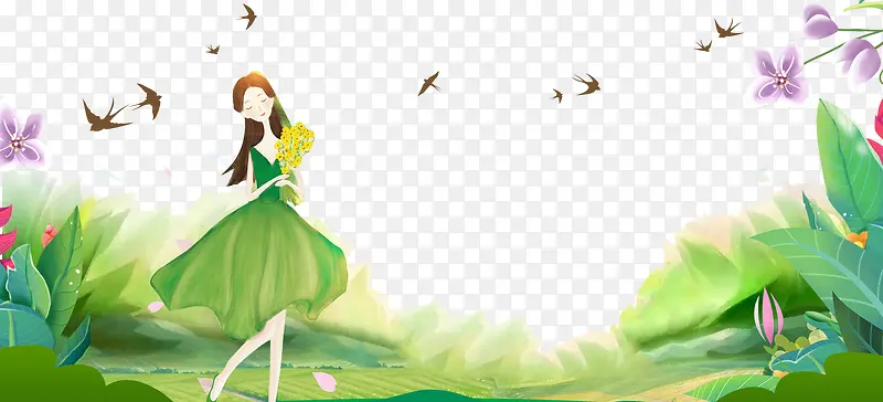 绿色手绘清新唯美春季少女海报
