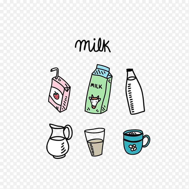 卡通手绘不同口味的牛奶和盛放牛
