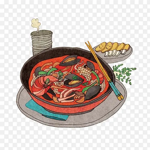 海鲜蛤蜊汤手绘画素材图片