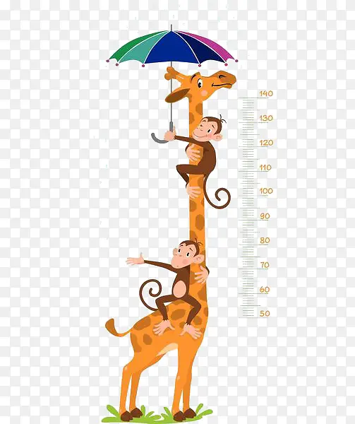 猴子在长颈鹿的身上打伞