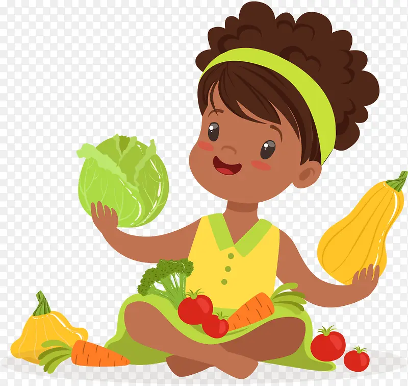 拿着蔬菜的可爱卡通女孩