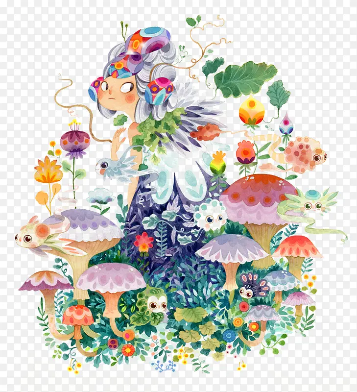 彩绘女孩蘑菇花卉图案