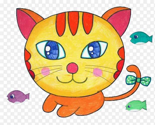 手绘儿童画之猫咪与小鱼