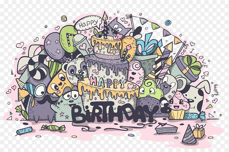生日蛋糕与卡通动物