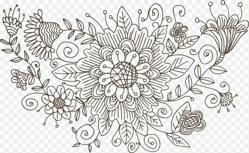 手绘古典花纹叶子线描图
