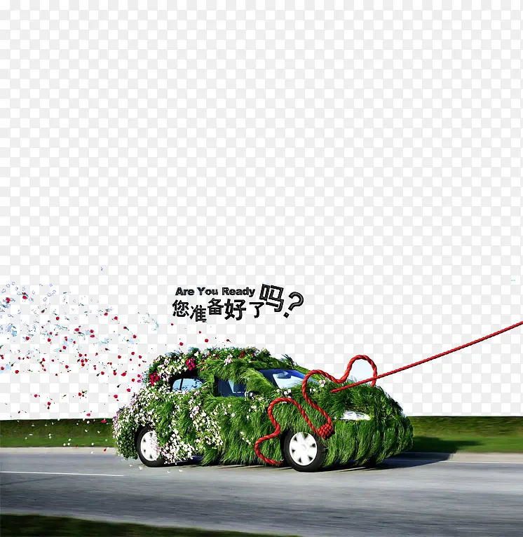 一辆绿色植物装饰的汽车