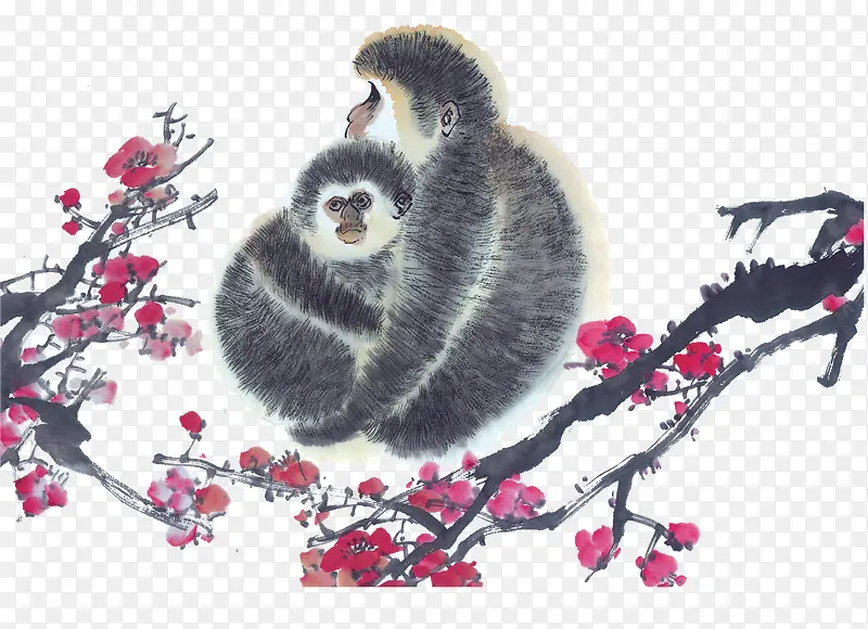 猴子一家水墨画1