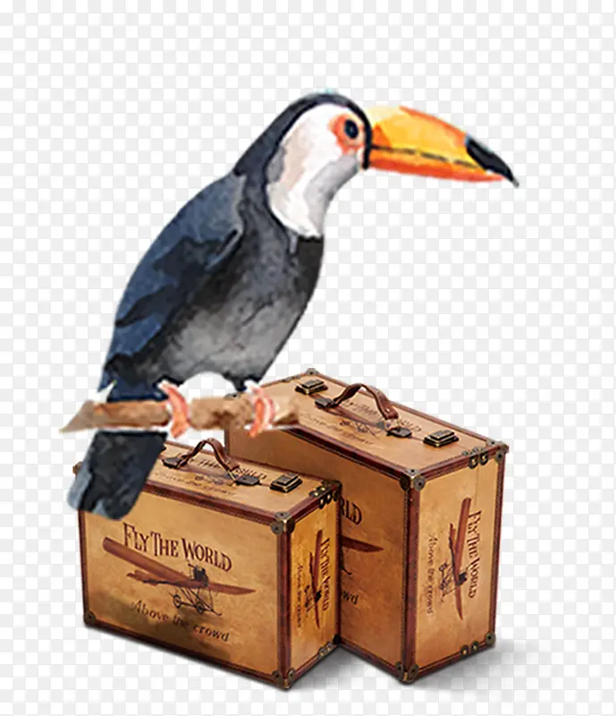 免抠卡通木头盒子上站立的鸟