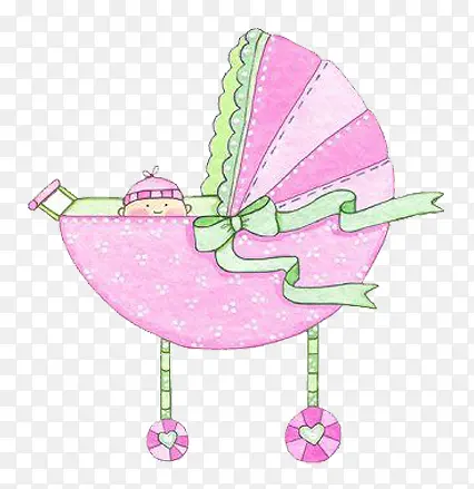 卡通手绘粉紫色的婴儿推车
