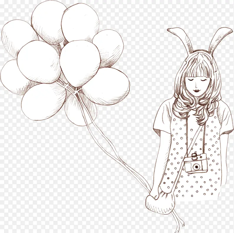手绘素描拿着气球的女孩