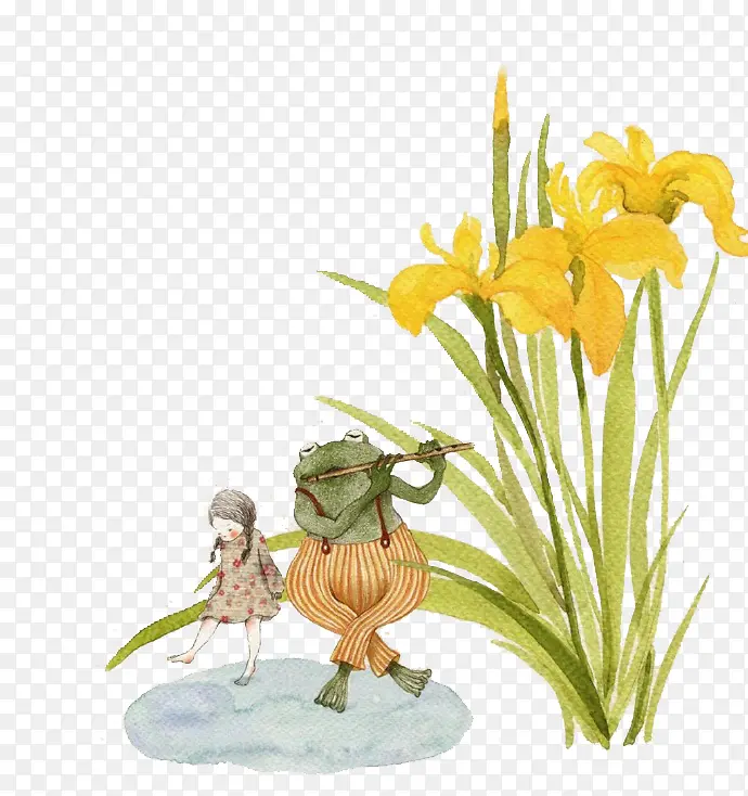 创意手绘女孩花朵与青蛙