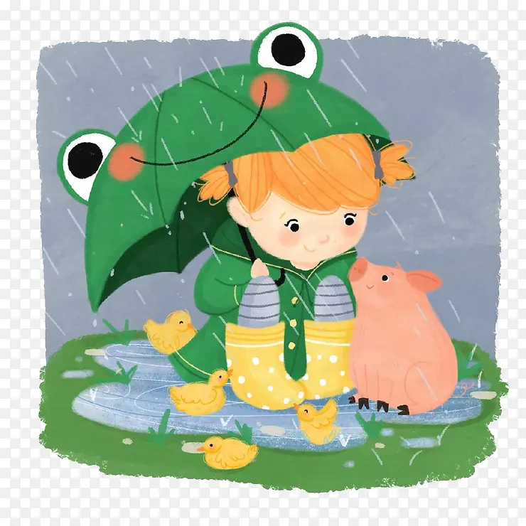 小女孩青蛙伞