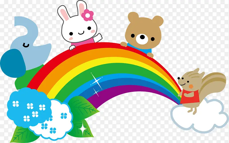 四只动物站在彩虹上