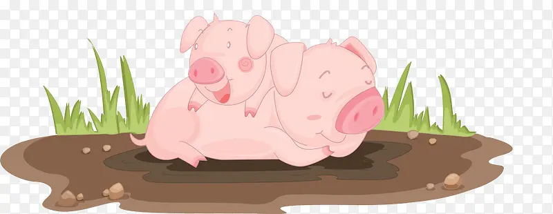 卡通两只小猪躺在污泥中