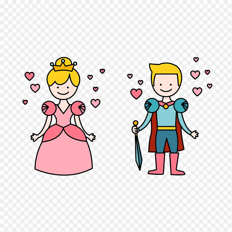 粉色爱心王子与公主插画元素