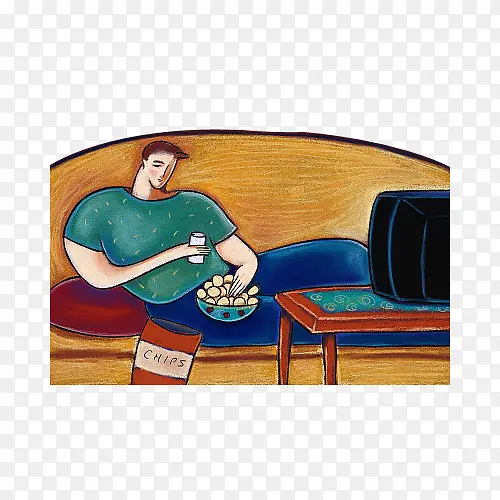 手绘男人躺沙发上吃薯片看电视