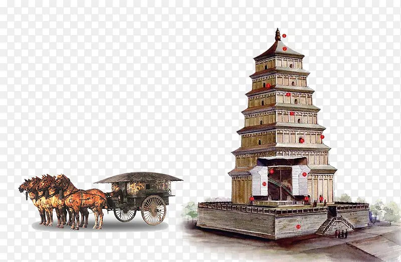 免抠复古中国风雷峰塔马车装饰