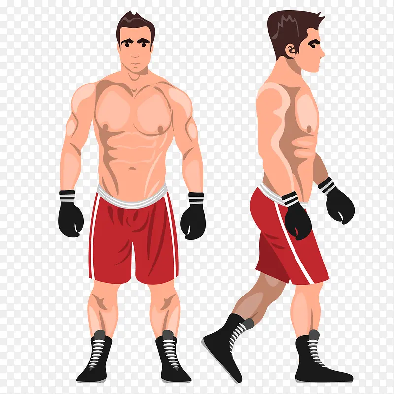 卡通手绘拳击运动员的正面和侧面