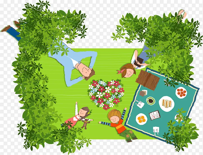 卡通插画一家人草地野餐