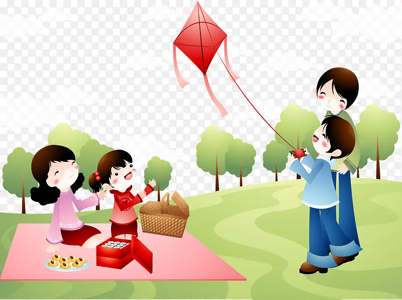 草地上野餐放风筝的一家人