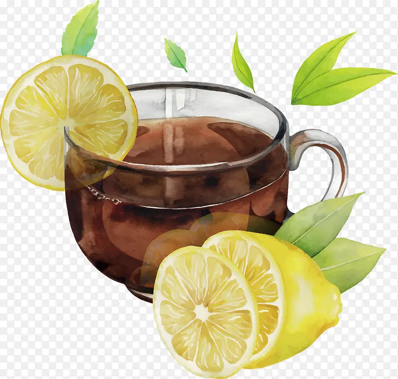 水彩一杯柠檬茶柠檬矢量图