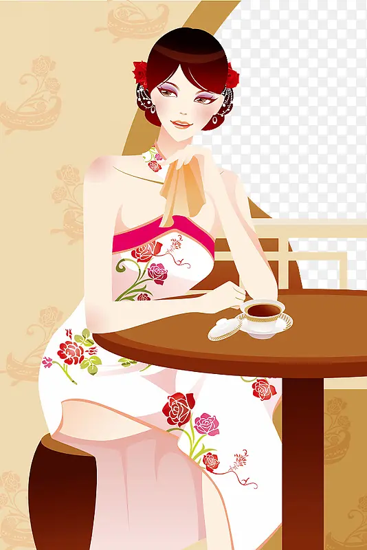 穿旗袍端坐桌前喝茶的女人