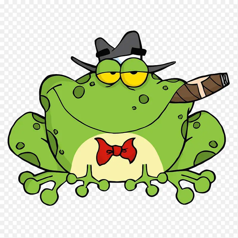 卡通慵懒的微笑抽雪茄的青蛙先生
