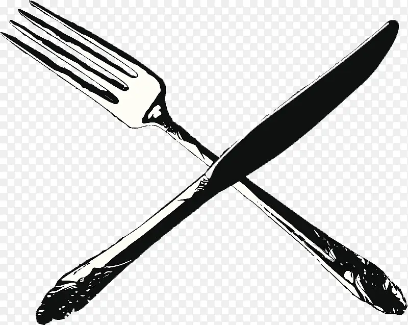 手绘黑白装饰插图复古西餐叉子餐