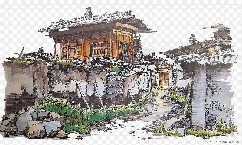 乡村建筑物手绘