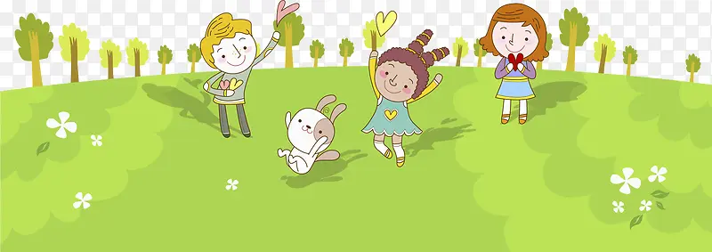 三个小孩和一个宠物在公园玩耍