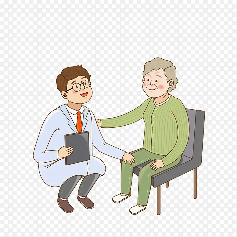 卡通蹲下给老人检查膝关节的医生