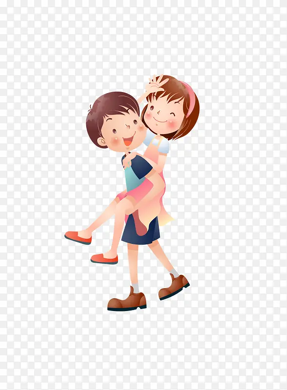 小男孩背着小女孩