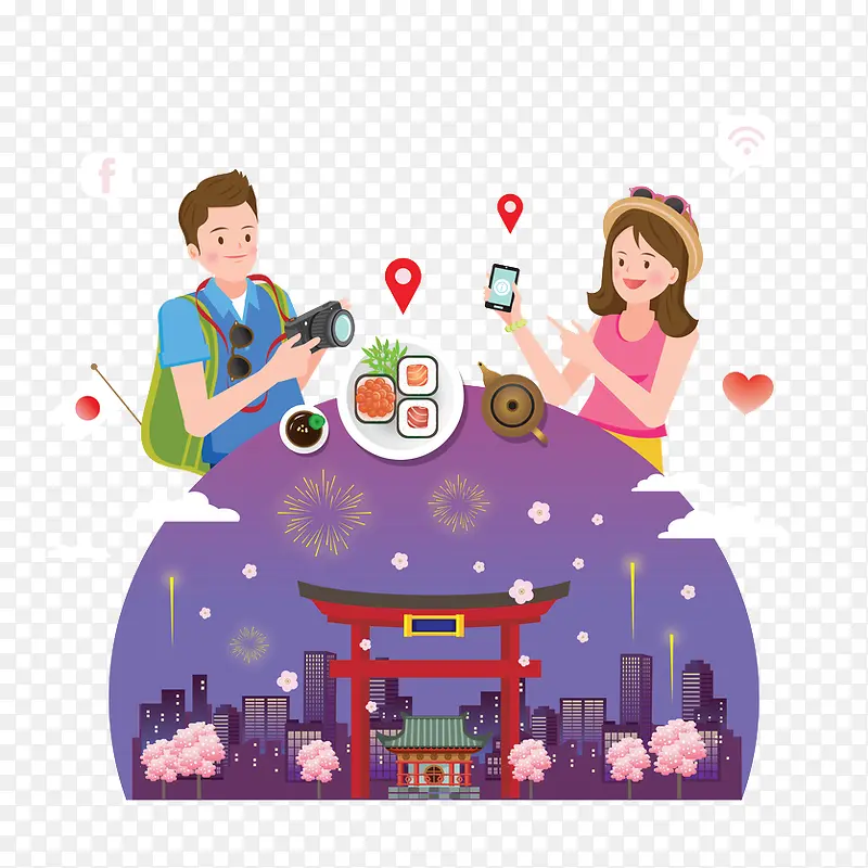 情侣日本旅游插画