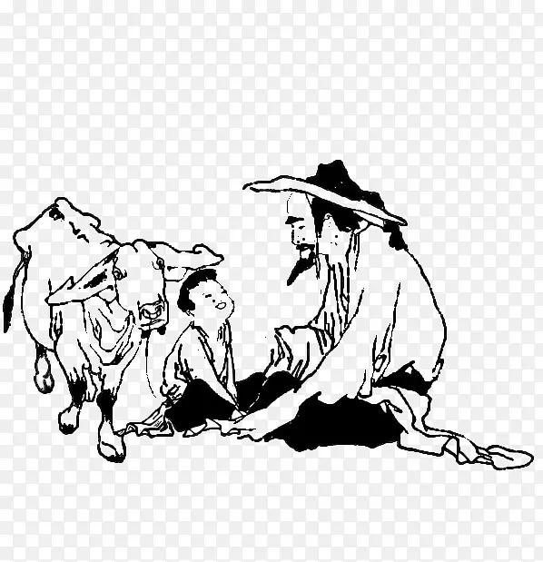 国画插图老人与放牛的小孩