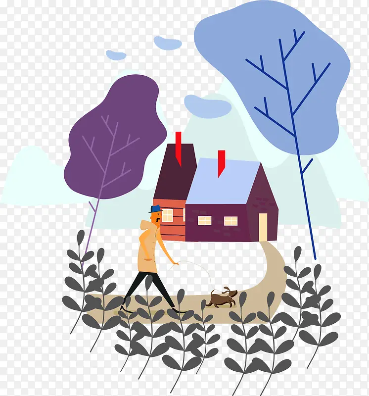卡通手绘遛狗插画图案