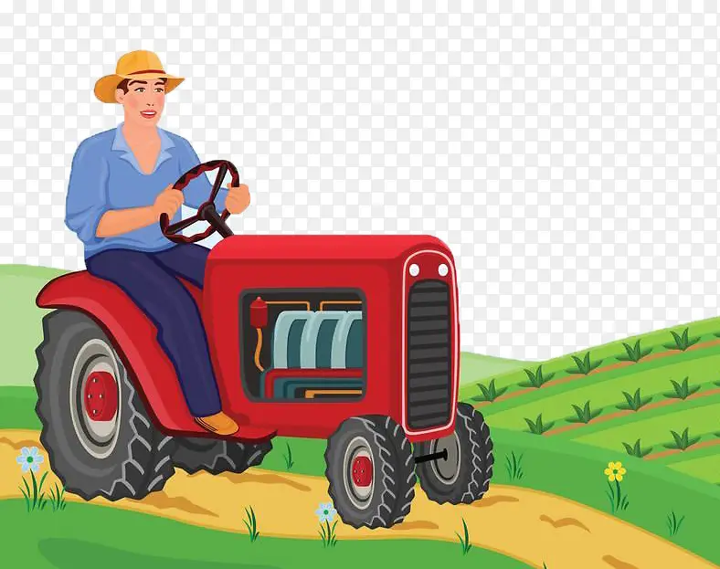 开着红色拖拉机的农夫在田里收割