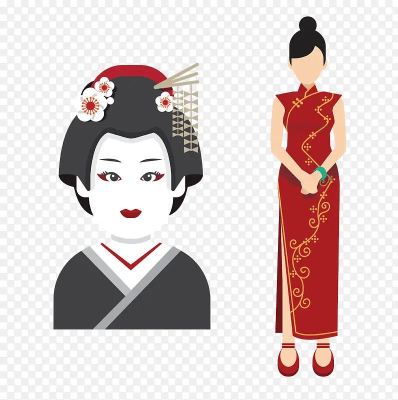 中式旗袍女子与日本艺妓