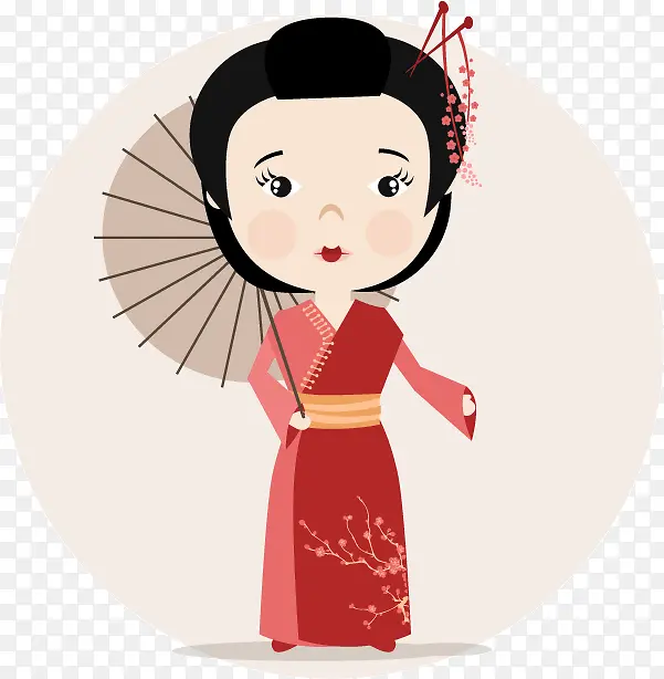 卡通撑伞的日本女子矢量图