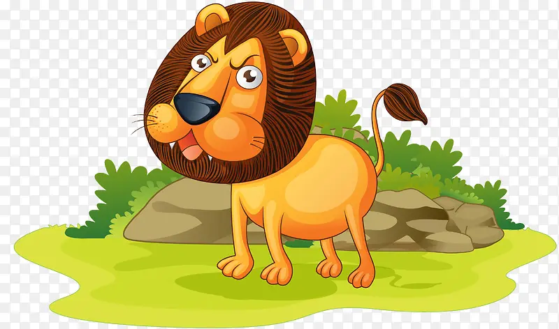 卡通手绘草地上的狮子