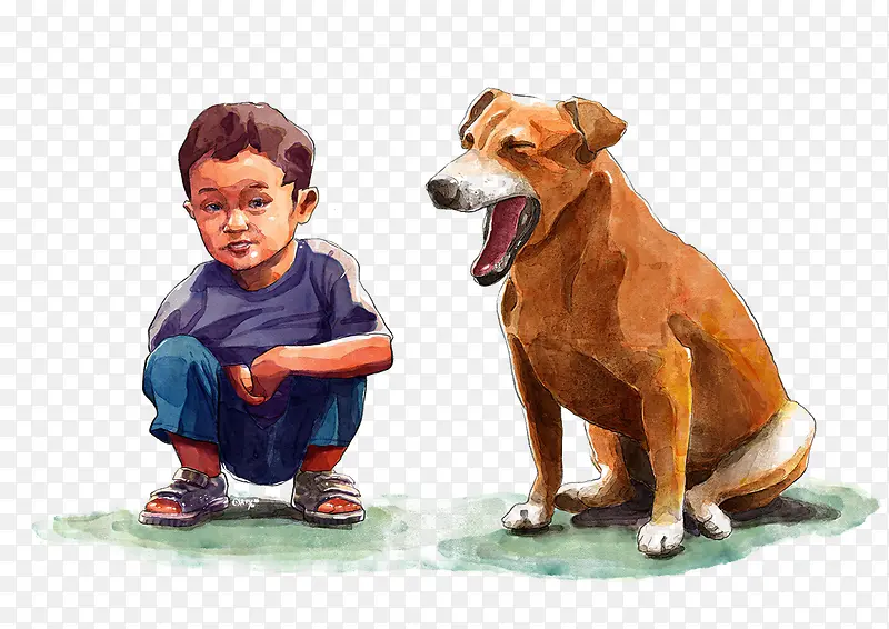 卡通手绘蹲着的小男孩和大狗