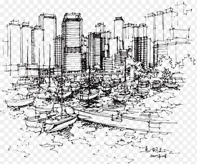 手绘香港城市建筑线稿