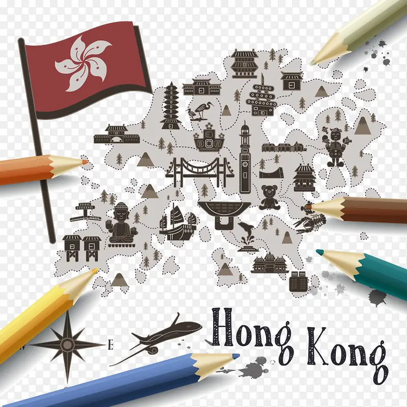 手绘香港旅游路线指南图