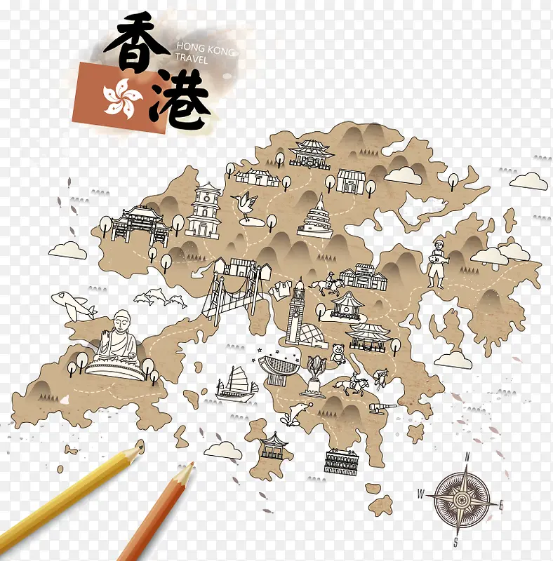手绘香港旅游指南路线图