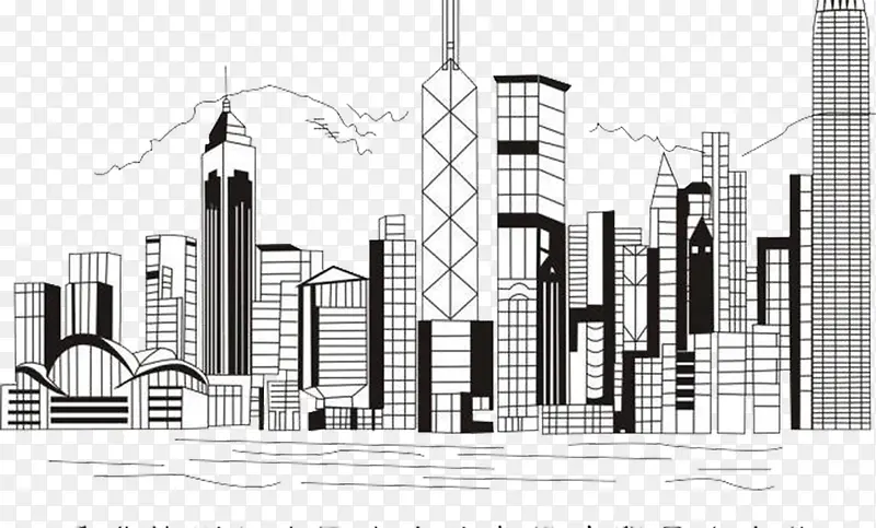 手绘线稿香港建筑全貌图