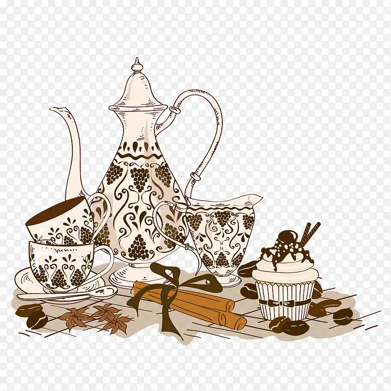 手绘花纹茶壶和茶杯矢量图